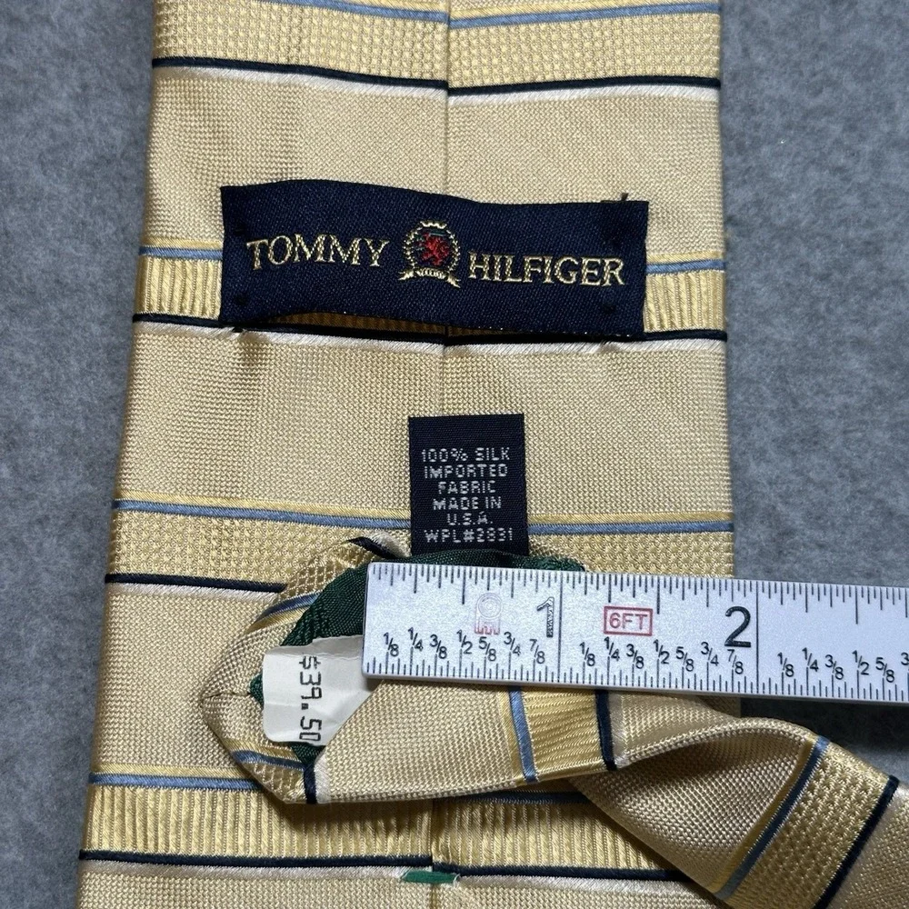 Vintage Tommy Hilfiger Silk Tie USA Gold Stripe Crest Logo Necktie‎ 57x3.5in